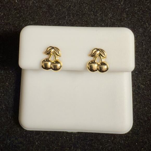 14K Solid Yellow Gold Cherry Stud Rubber Back Earrings~NEW - Picture 2 of 5